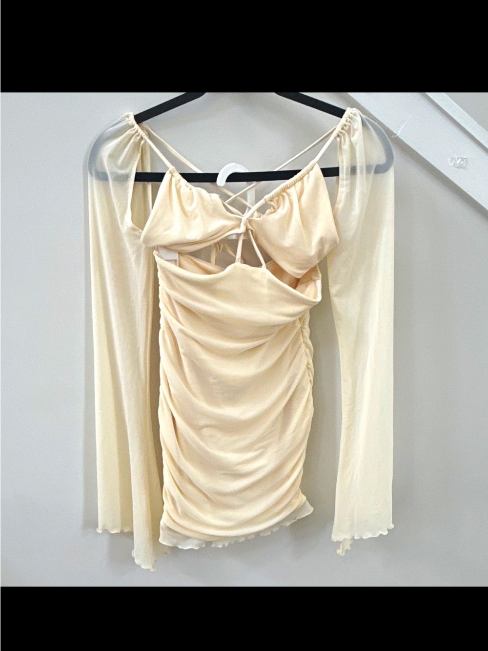 Oh Polly Cream Ruched Cutout Off-Shoulder dress